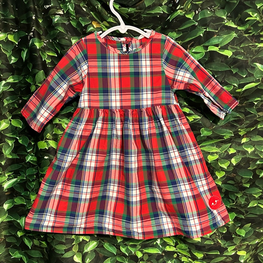 Smiling Button Dress Red Blue Plaid Pockets Cotton Girls Toddler 2T
